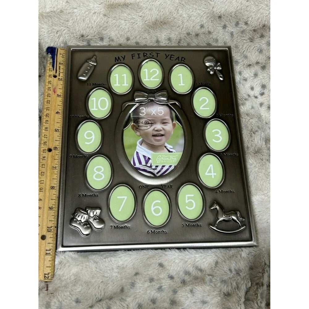 Baby’s First Year Pewter Silver Photo Frame NWT Stand Hanging 9x11 Green Tree